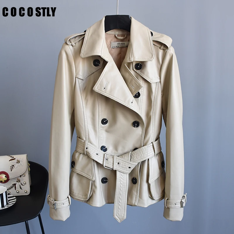 

Khaki Double Breasted Leather Jacket Women Moto Coat Faux Biker Jacket Short Trench jaquetas couro Casaco chaqueta mujer Piel