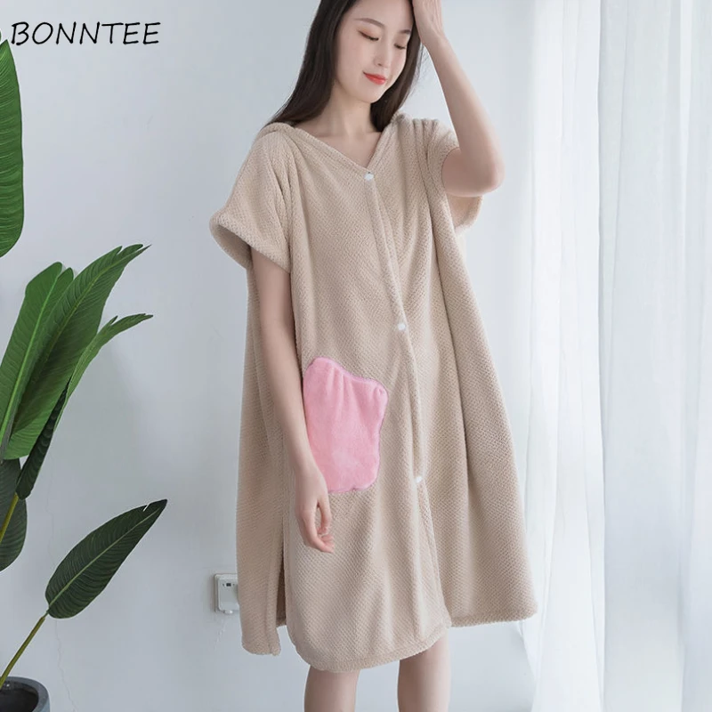 

Халат женский летний в ванную, простая Домашняя одежда, дышащая удобная базовая одежда в Корейском стиле для студентов, для отдыха, свободная Милая одежда с карманами