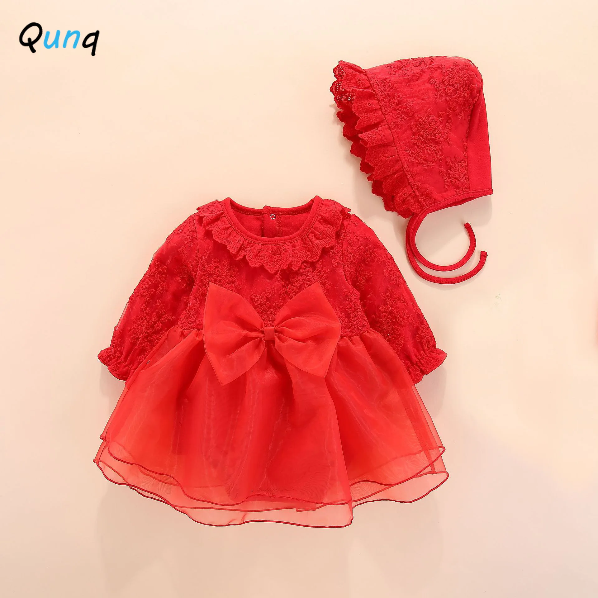 

Qunq 1 Year Birthday Party Dress High Quality Mesh Bow Romper Dress Gift to Girl Spring Fall Long Sleeve Infant Costume with Hat