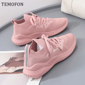 

TEMOFON breathable sneakers women casual shoes white black lace up mesh female sneakers sports running vulcanize shoes HVT746