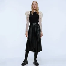 ZA модная черная плиссированная юбка из искусственной кожи осень зима Женская однотонная Высокая уличная юбка шикарная Повседневная элегантная Офисная Женская