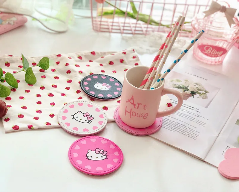 10 Pcs Cartoon Cat Pu Leather Food Dish/Coffee/Cup Mat Coaster
