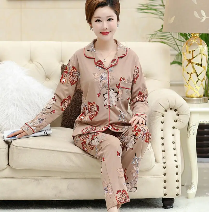 Женская Осенняя Хлопковая пижама, комплект для женщин, с длинным рукавом, с цветочным принтом, пижама, одежда для сна, домашняя одежда, пижама - Цвет: Color 1