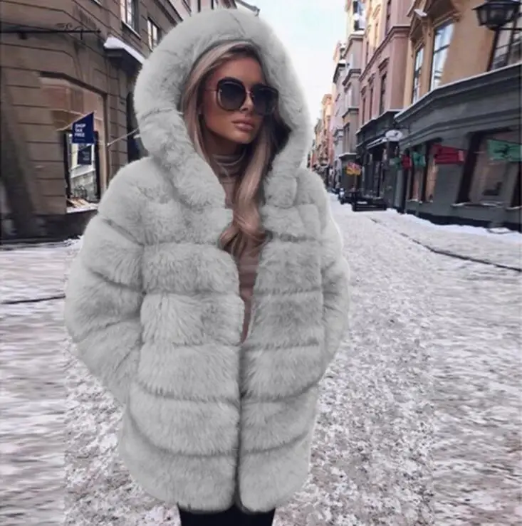 Женское зимнее пальто из искусственного меха, удобная куртка с открытым передом и капюшоном, плотная однотонная теплая верхняя одежда с длинным рукавом, пальто размера плюс - Цвет: light gray color