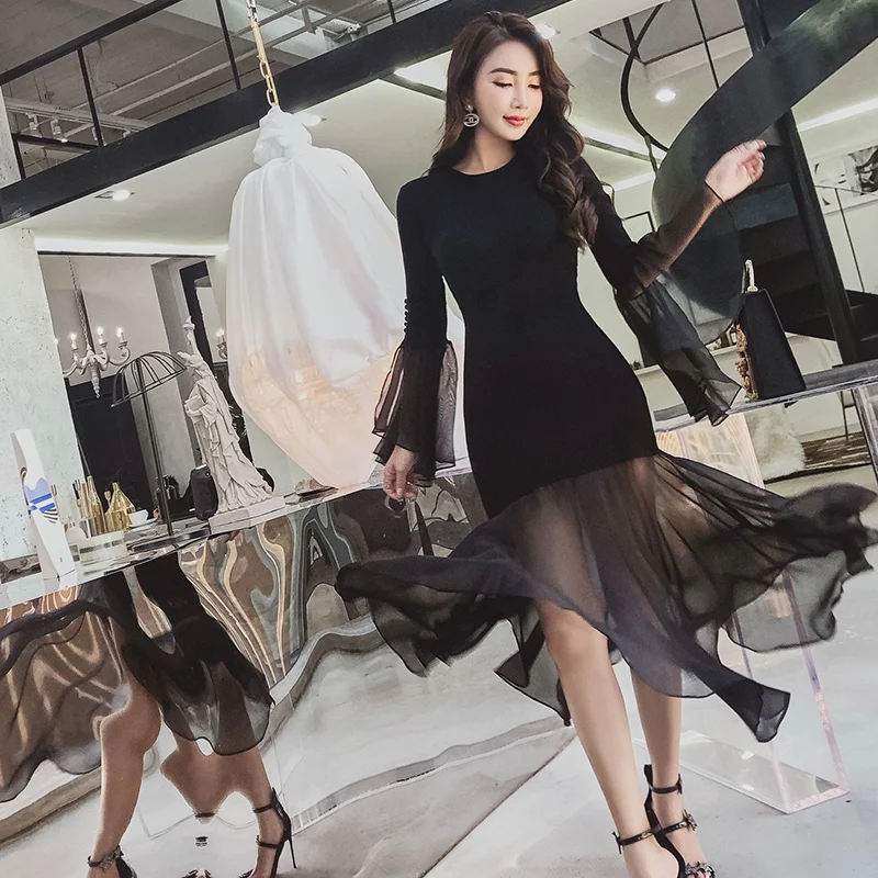 2019 платье осень зима Элегантное длинное женское свитер Женское Vestidos шифон