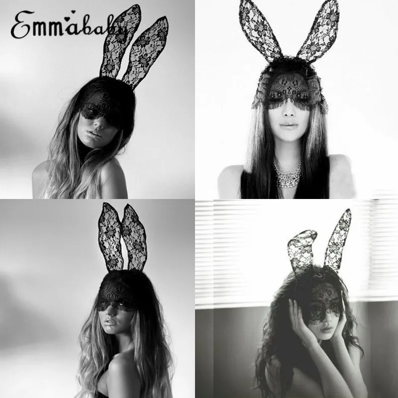 Sexy Black Lace Masquerade Mask Women Halloween Costume Party Rabbit Bunny Ears Lace Eye Mask Black