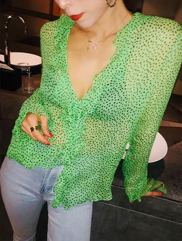 

2020 Latest Ladies Fashion Silk Long Sleeve Ruffle Lapel Blouse Shirt Top With 3D Black Dot Jacquard & Lining