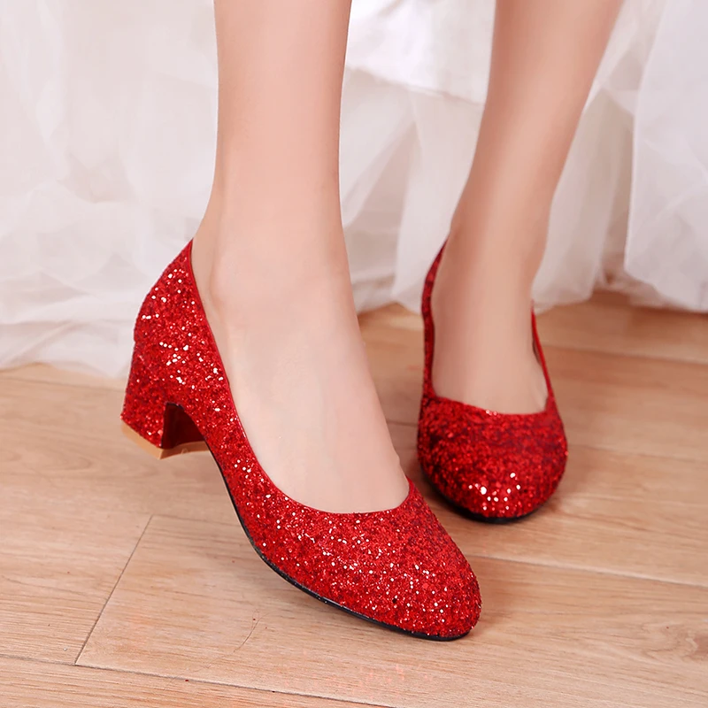 

Chinese wedding shoes comfortable round toe pumps fashion bling slip-on silver red gold high heels low women's shoes big size