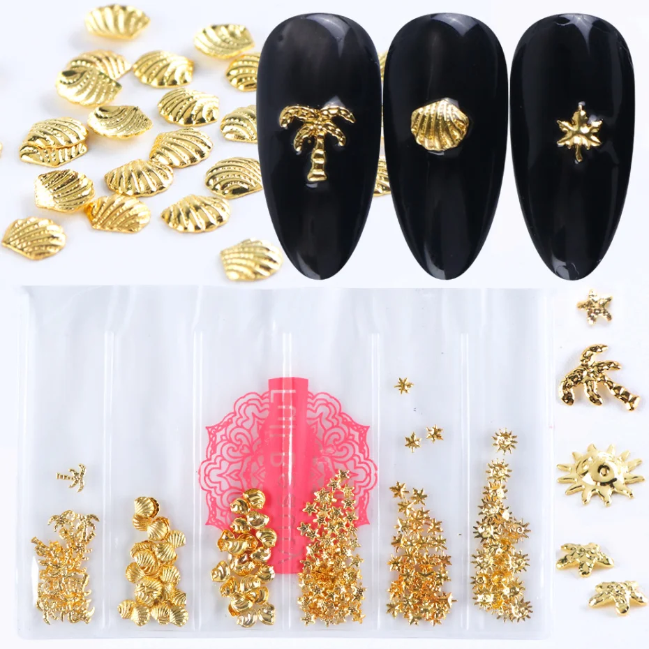 

6 Grid/Set Metal Studs 3d Nail Art Decoration Gold Hollow Frame Charms Rivets Strass Shell Leaf Design Manicure Accessories LA25