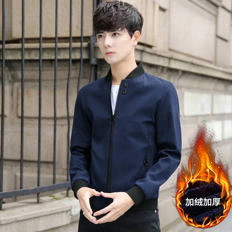 

Men's plus Velvet Jacket 2020 Slim Fit Korean-style Coat Young MEN'S-Trend Autumn & Winter Stand Collar Handsome Jacket