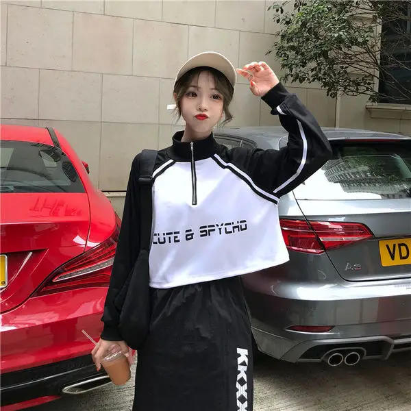 

2019 Korean Fashion Women Cropped Sweatshirt Black White Patchwork Hoodies Tops Long Sleeve Zipper Fly Casual Harajuku Clothes