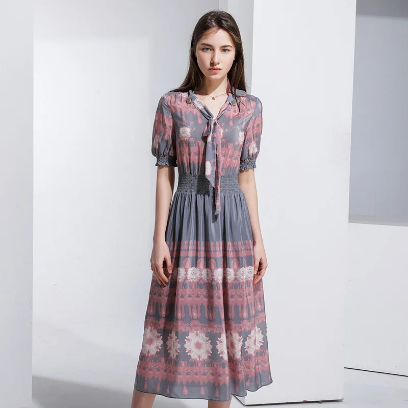 

100% Mulberry Silk women's Summer Printed Silk Dress Waist Hugging Slimming Silk Dress