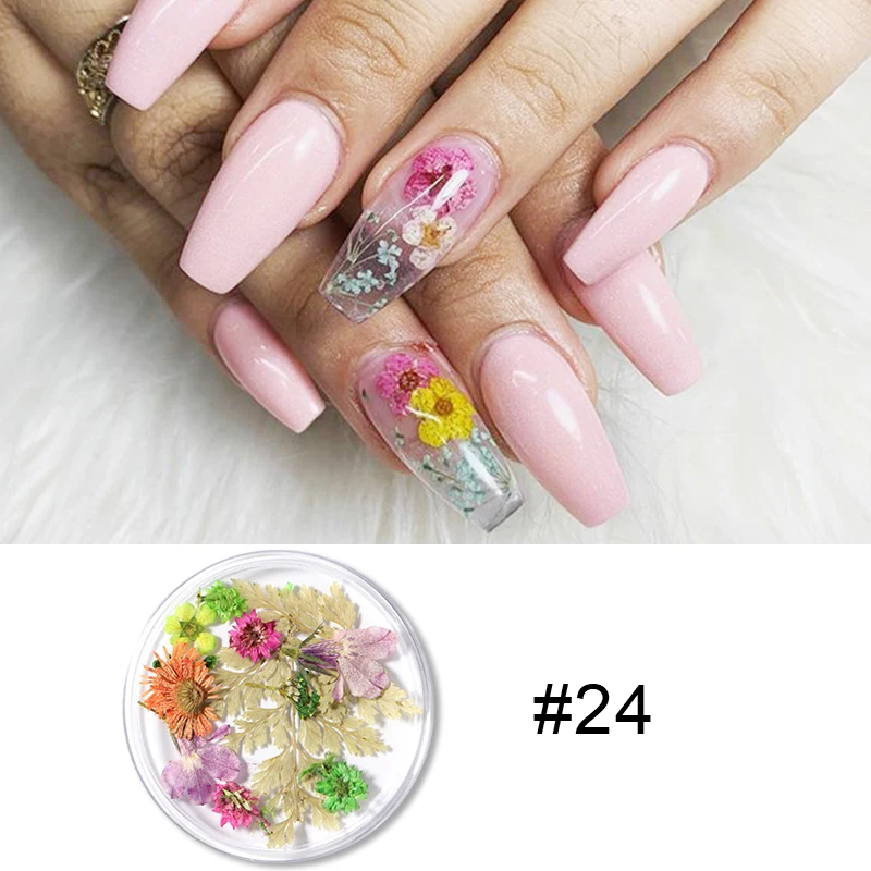 12 Грит микс сушеных цветов украшения для ногтей натуральные Цветочные наклейки в виде листьев 3D сухие дизайн ногтей Полировка маникюрные советы - Цвет: 24