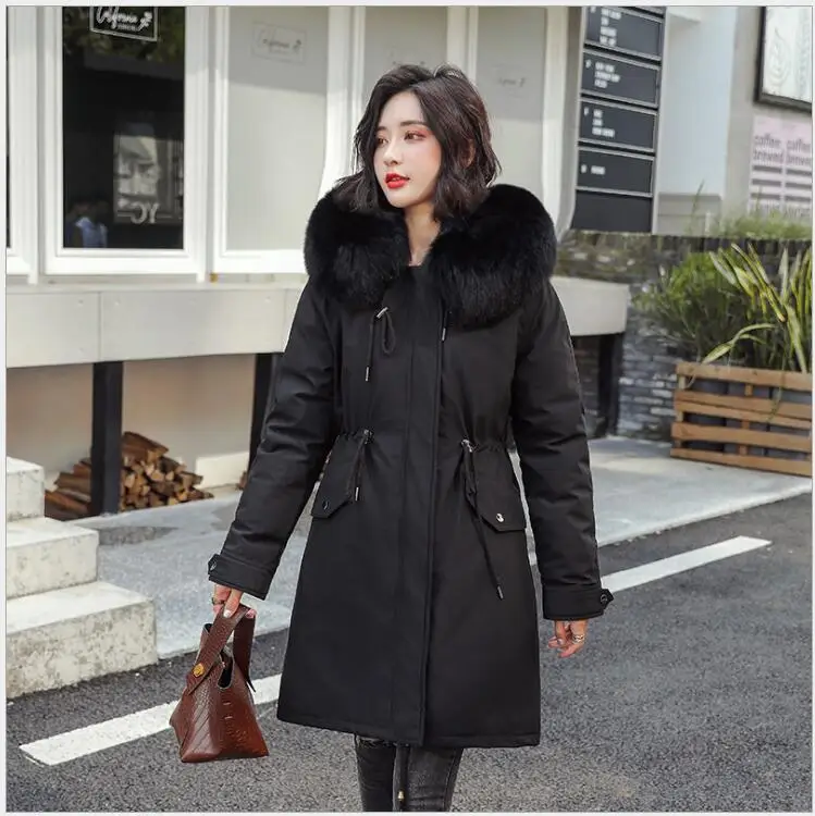 Черный Abrigos Mujer Invierno2019 Длинная женская парка с меховым воротником Повседневная хлопковая стеганая куртка из овечьей шерсти женская верхняя одежда, парки R258 - Цвет: Черный