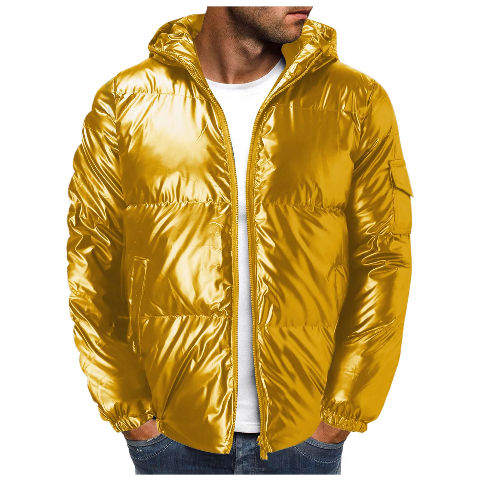 Men's Solid Color Shiny Cotton Coat Trendy Reflective Hooded Padded Coat Men Winter New Full Reflective Windbreaker Jacket 2