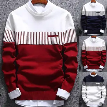 

Hot Fashion Men Color Block Patchwork O Neck Long Sleeve Knitted Sweater Top Blouse Polyester Spandex Casual Warm Men's Sweater