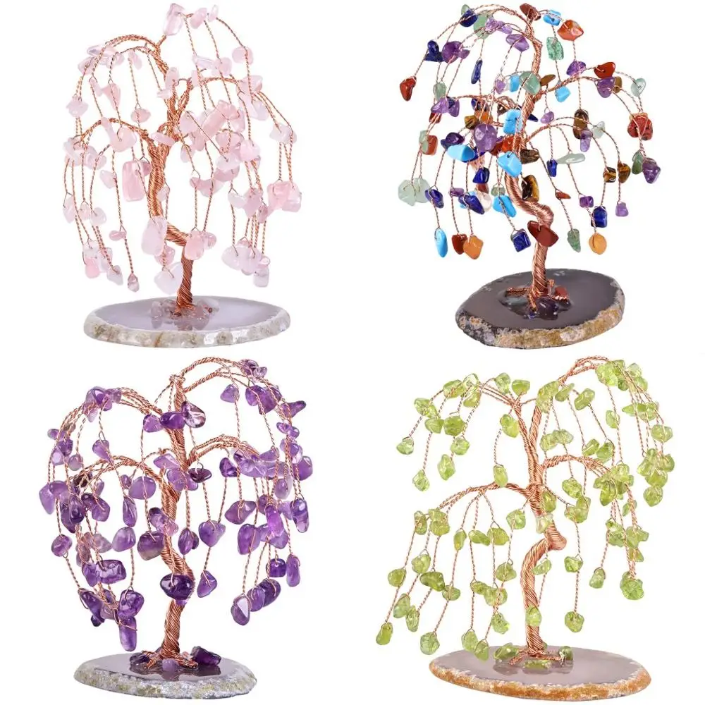 TUMBEELLUWA Reiki Chakra Crystal Money Tree with Agate Slice Base,Tumbled Stone Ornaments Statue Home Decor for Wealth and Luck