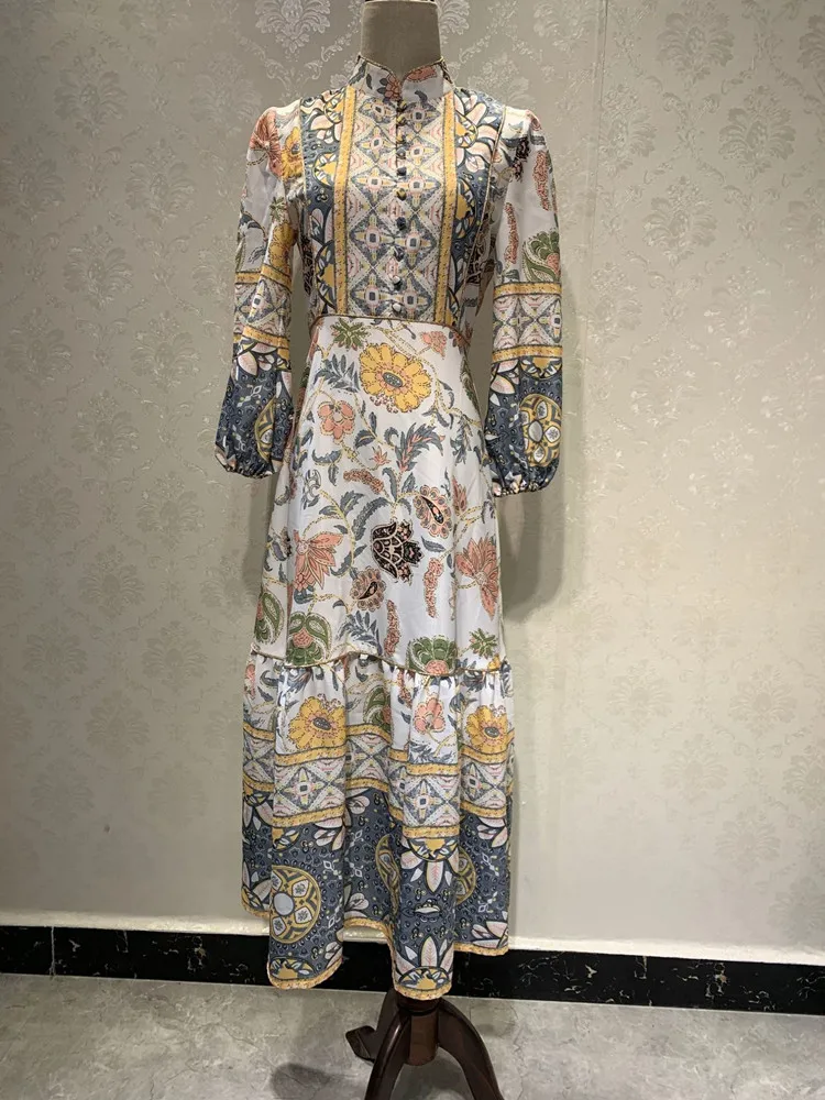 Винтажное хлопковое и льняное платье русалки с национальным цветочным принтом, женское длинное платье для отпуска с рукавом-фонариком в стиле бохо