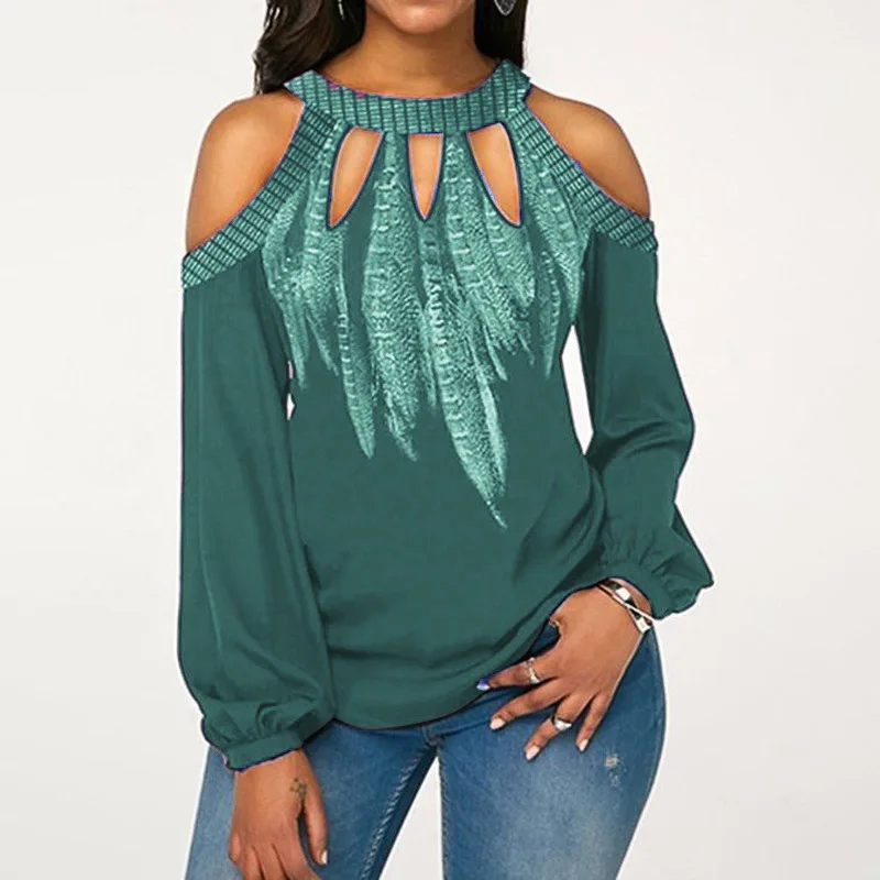 Taniafa Новое поступление женские шифоновые рубашки с длинным рукавом, повседневные свободные топы с принтом перьев, блузки размера плюс - Цвет: green