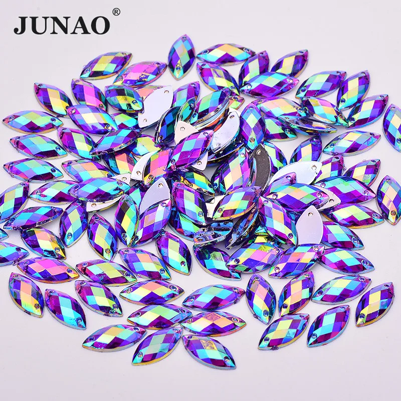 JUNAO 100 Stück 7*15mm Rosa AB Nähsteine Flache Pferdeaugensteine zum Aufnähen Strass Kristall Lose Acrylperlen für Handarbeiten – Detail 7