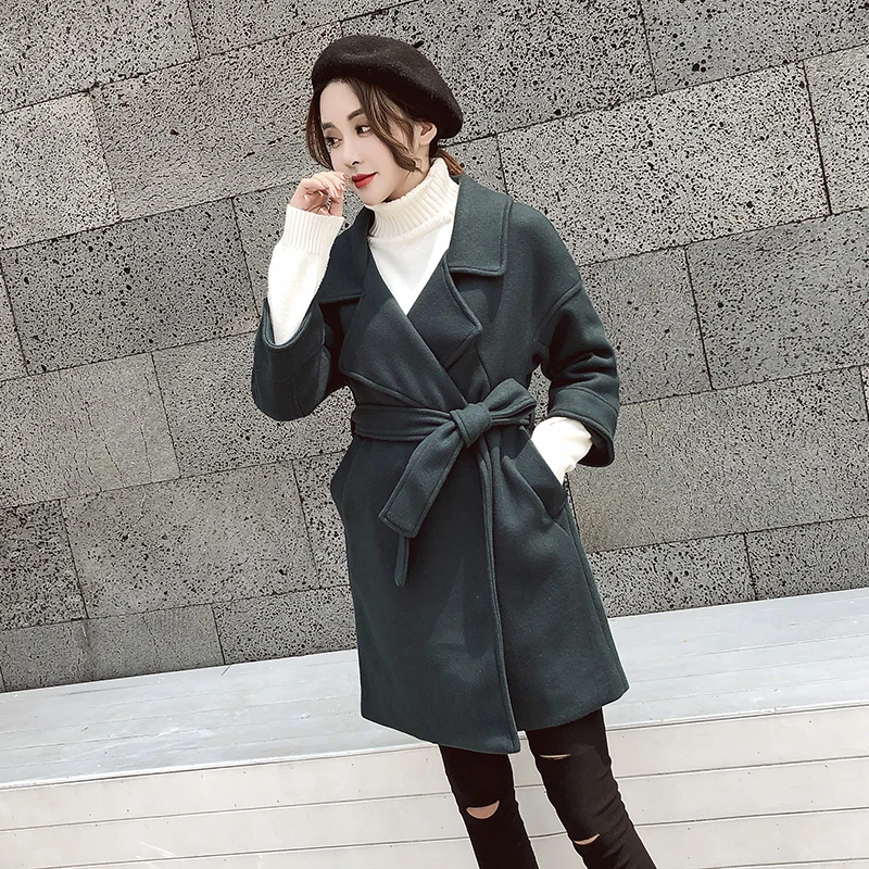 

2019 New style Women Jackets & Coats Medium-long Belt Thick Wool Blends Overcoat Turn-down Collar Solid Green With Pockets Parka