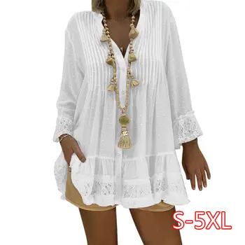 

2020 Large Size Lace Chiffon Loose Blouse Women Fashion New Tops Boho Long Sleeve V-Neck Shirt Female Plus Size 4XL 5XL