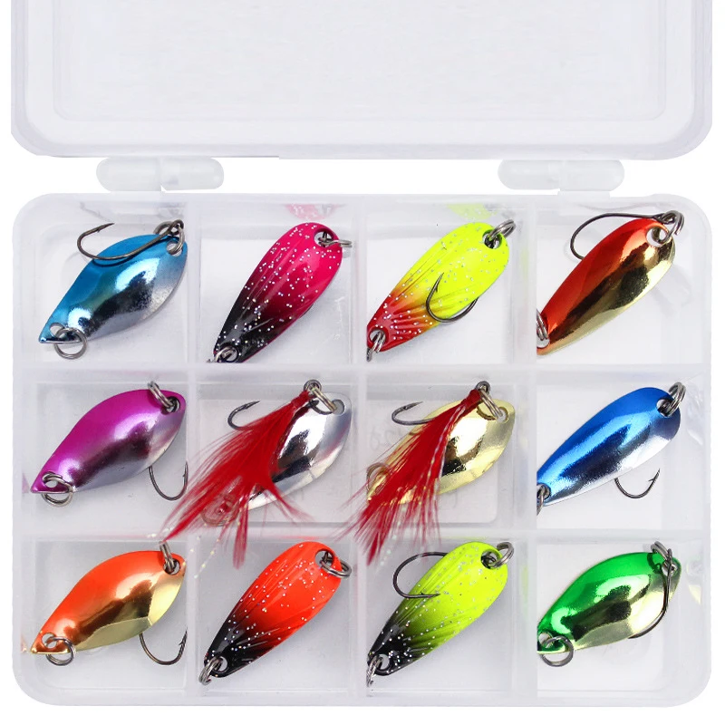 

Goture 12pcs/lot Metal Spoon FIshing Lure 2.5g 3g Spinnerbait Sequin Hard Artificial Bait with Fishing Box Pesca