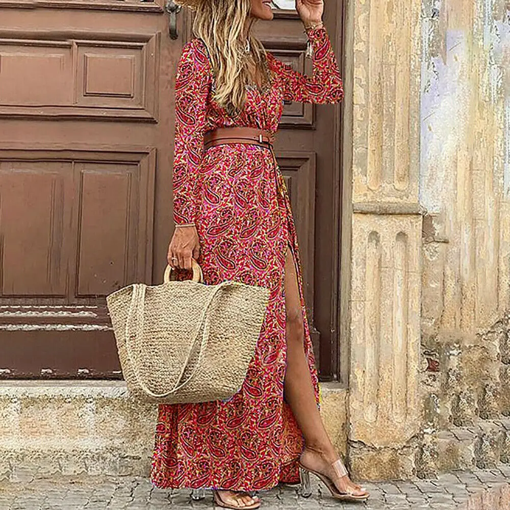 Fashion Boho Dress Long Dress Women Casual V Neck Short Sleeve Retro Print Belt Hem Beach Dresses Elegant Sundress Robe Femme