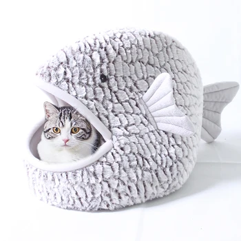 Fish Shape Cat Bed Nest Warm Kitten Dog Sleeping Beds Kennel Soft Pet Sofa Nests For Small Dogs Cats With Thick Cushion Mat 1