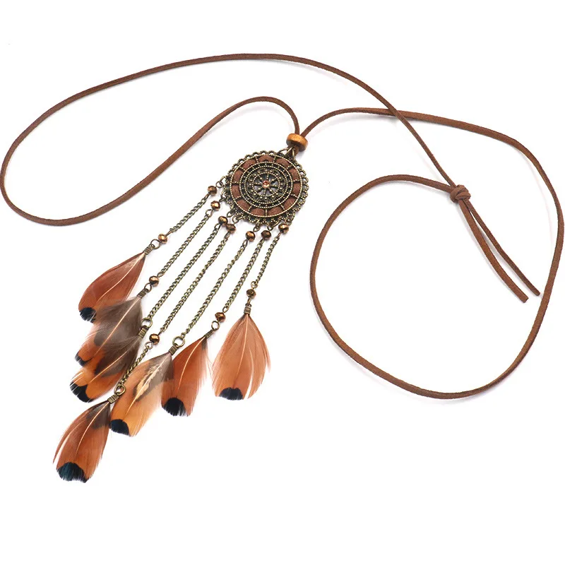 Collier Attrape Rêves Fantaisie Marron Clair Bijoux femme bohème capteurs de rêves style chic boho amérindien fantaisie