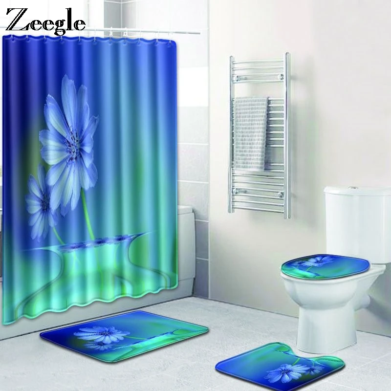 Zeegle Bath Mat Set Anti Slip Bathroom Shower Mat Waterproof Curtain Absorbent Toilet Pedestal Rug Foot Mat 4pcs Toilet Set
