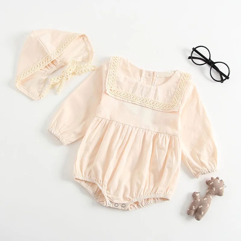 

New Fashion Style Baby Girl Romper Spring Autumn Baby Lace Long-Sleeved Jumpsuits + Hat 2 Pieces Toddler Kids Clothes 3-24M