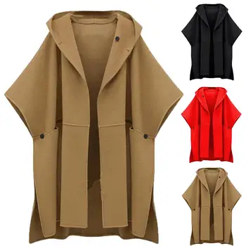 

Chic Women Solid Color Short Dolman Sleeve Loose Hooded Cloak Dust Coat Outwear Woolen All-match Patchwork Casual Women's Cloak
