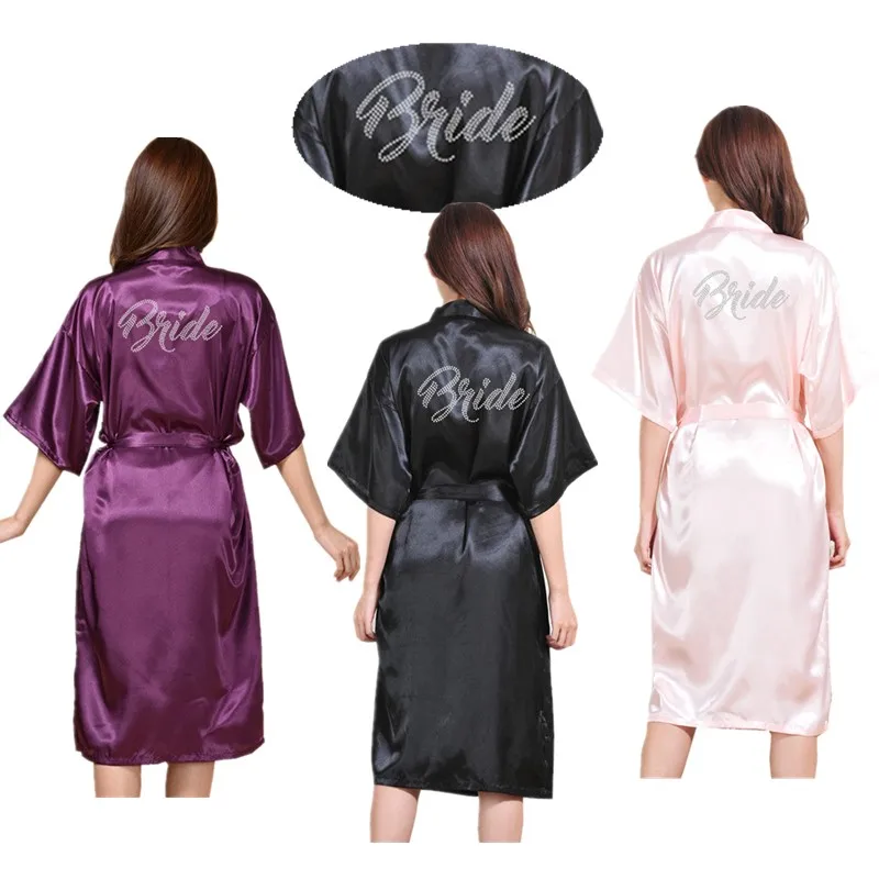 

Wholesale Bride Letter Rhinestones Women Pure Color Long Satin Silk Robes Kimono Nightgown Birthday Spa Party Bathrobe T36