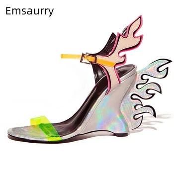 

Unique Fire-shaped Gladiator Sandals Women High Wedges Square Open Toes Ankle Strap Fluorescent PVC Catwalk Summer Shoes Woman