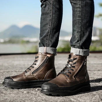 

Men Cow Leather Boots High-top Men's Leather Casual Shoes with Thick Bottom Shoes Flat Shoes Chunky Sneakers