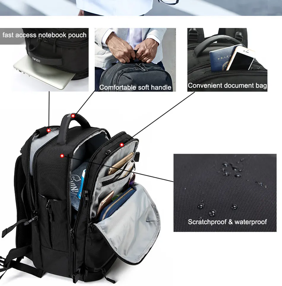 DENQI, мужской рюкзак для путешествий, большие сумки, 17 дюймов, рюкзак для ноутбука, бесплатный Водонепроницаемый Чехол, мужская сумка, многофункциональный рюкзак для мужчин, для улицы