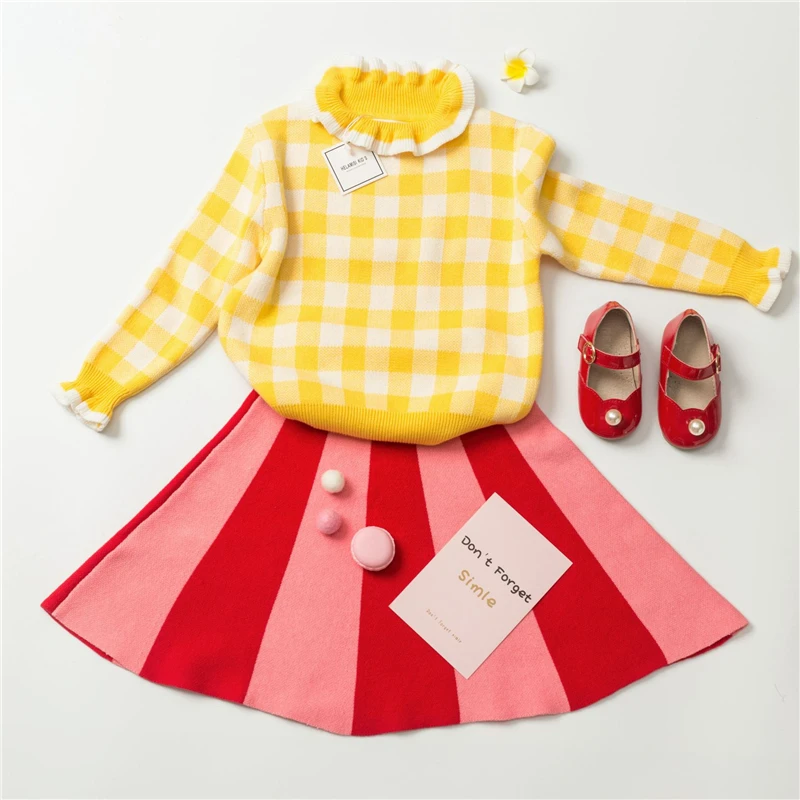 

Korean Toddler Girls Bebe de Pino bebe bebe Winter Sweaters and Skirts Children Pretty Yellow Palid Pullover Pink Skirts
