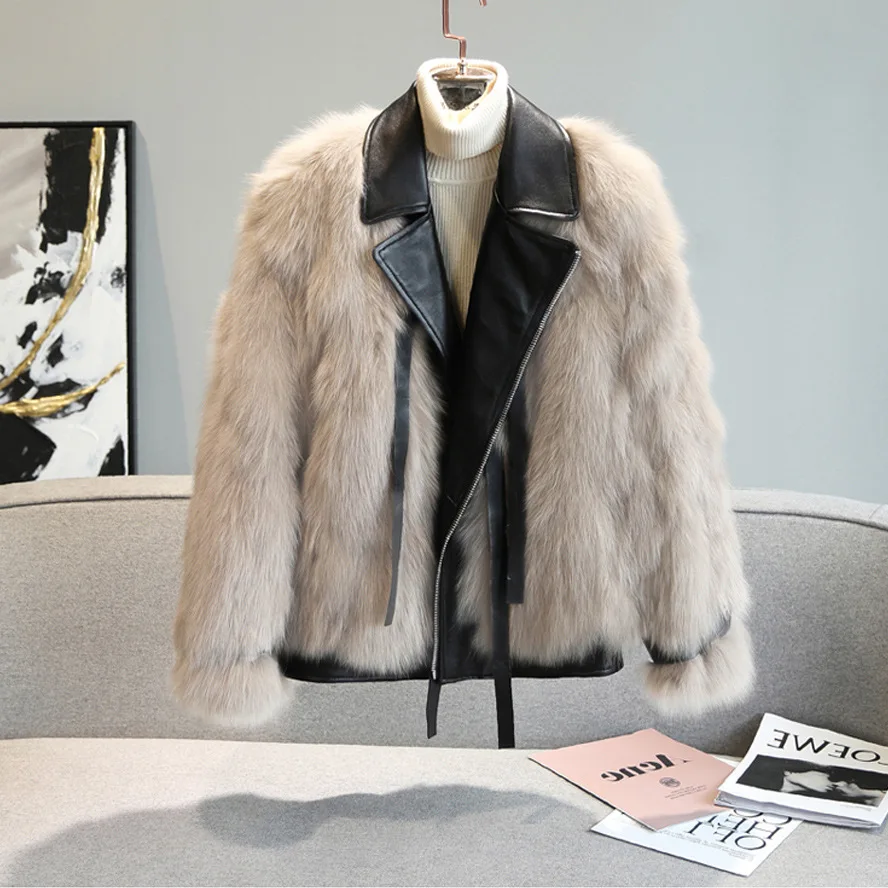

Women Artificial Fur PU Leather Stitching Fashion Jacket Women Warm Coats Faux Fur for Women Furry Winter Long Streetwear Ladies