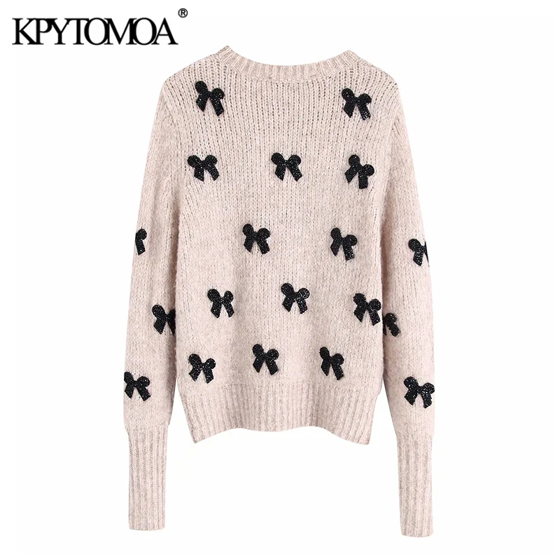 Skup Vintage elegancka, z kokardą Tie aplikacje sweter z dzianiny damskie 2019 Fashion O Neck z długim rękawem damskie swetry eleganckie koszule