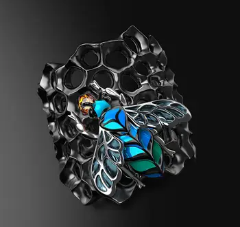 

Exaggerated Gothic Style Creative Blue Epoxy Honeycomb Bee Rings Punk Tungsten Black Gold Cocktail Party Ring Jewelry Gift