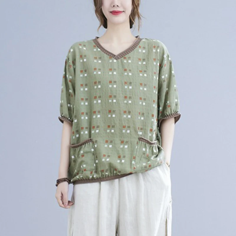 Johnature Women Cotton Linen Tshirts Vneck Short Sleeve Pocket Loose