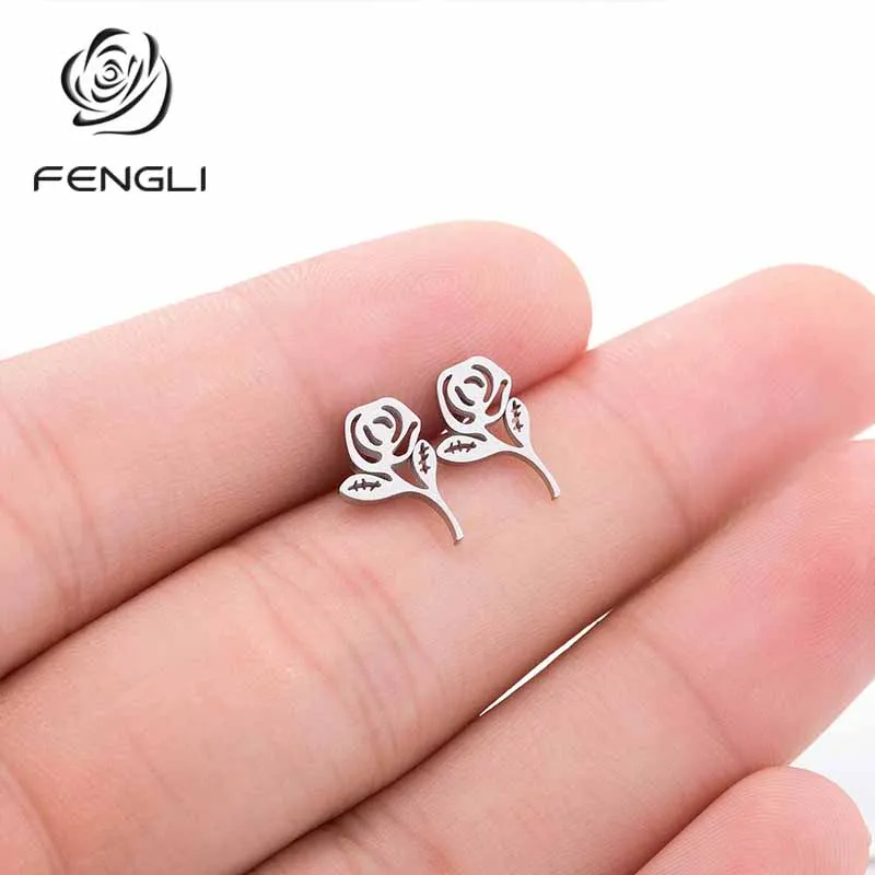 

FENGLI Flower Charm Stud Earring Women Rose Gold Children Kids Statement Jewelry Star Round Earrings Elegant Present