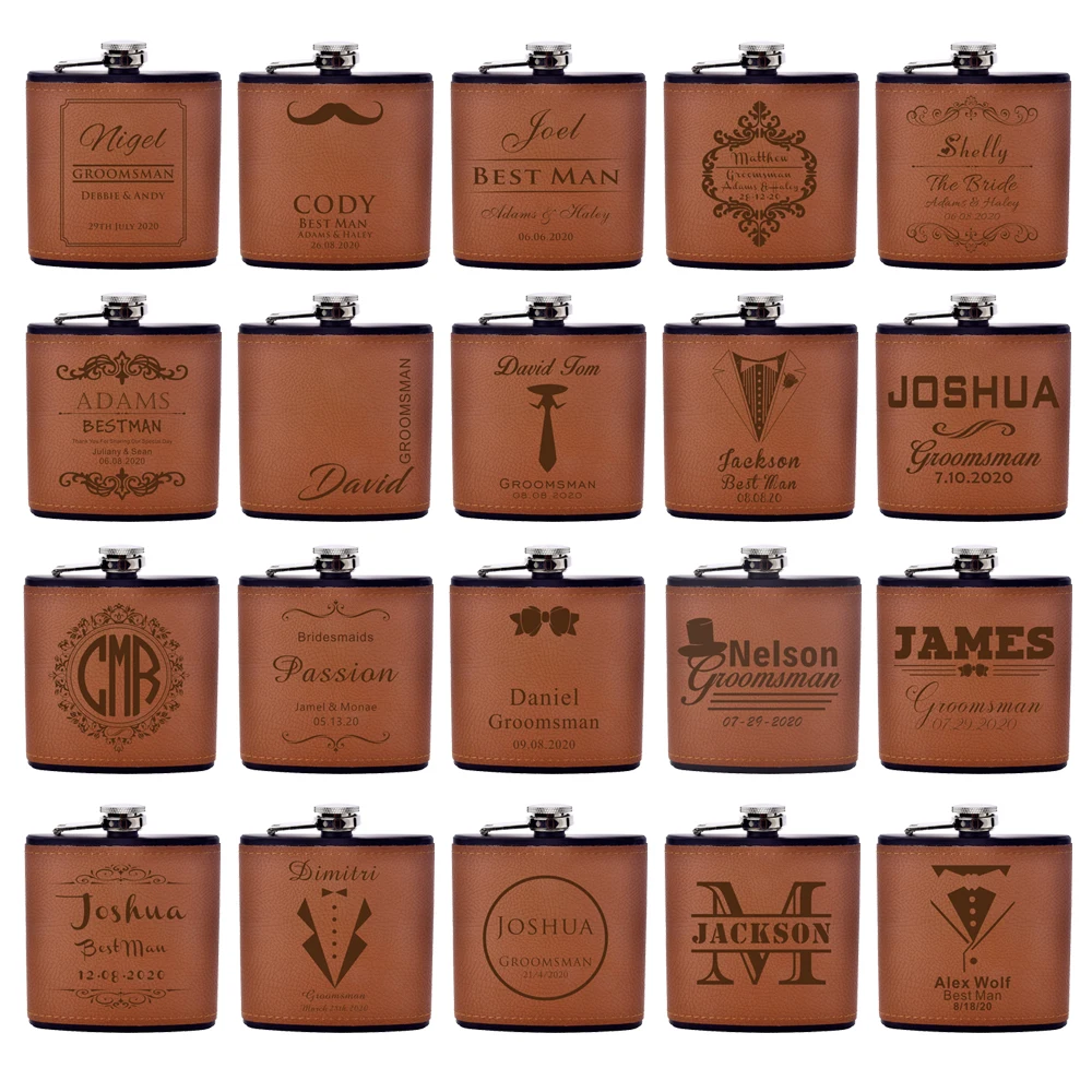 Personalized Flask 6oz Leather Hip Flask Stainless Steel Engrave guests Favors White box Wedding Gifts