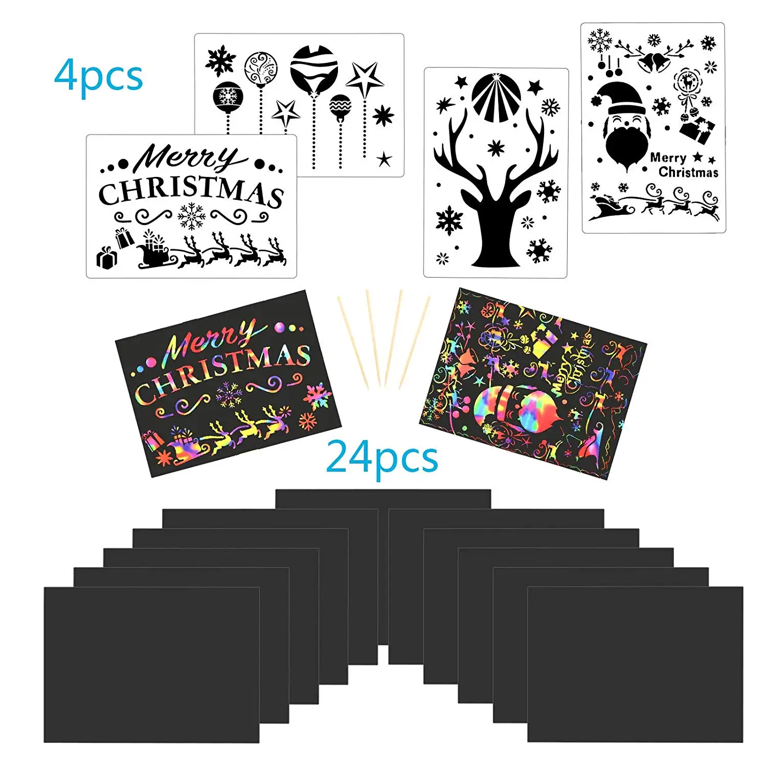 

METABLE set of 24 Christmas Scratch Arts Rainbow Painting Paper Black Doodle Pad WITH 4pcs Xmas Drawing Rulers and Wooden Stylus