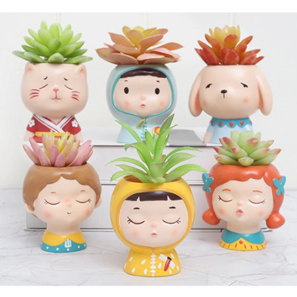 1 Packs Resin Succulent Planter Lovely Head Shape Flowerpot Cactus Ornament