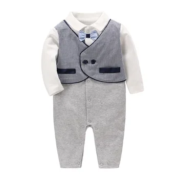 

2020 Hot Newborn Baby Boys Fashion Outfits Clothes Sets Grey Fake Two Gentlemen Baby Jumpsuit