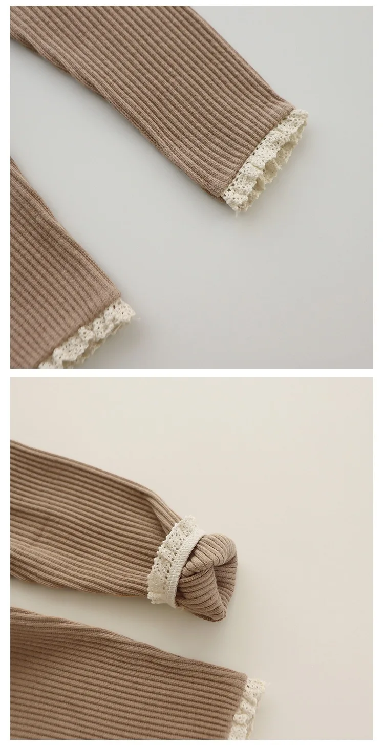 Fashion Baby Leggings Spring Autumn Children's Fashion Lace Edge Knitted Rib Pants Pure Color Cotton Striped Casual Trousers