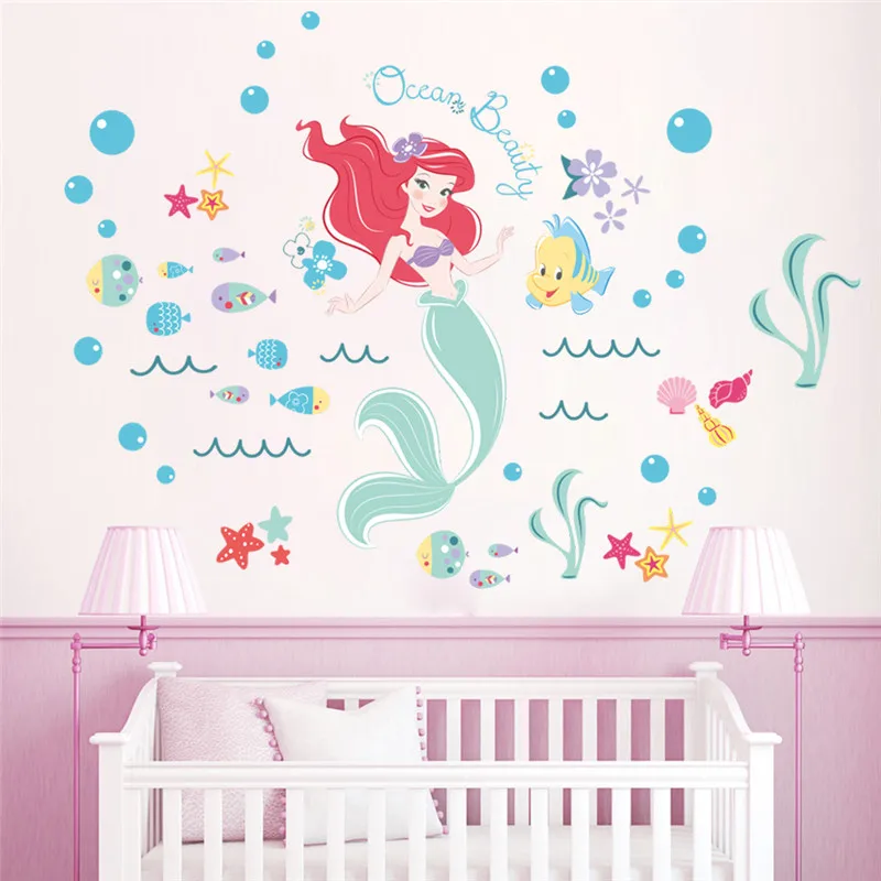 Disney Mermaid Fairy Wall Decals Kids Rooms Bathroom Home Decor Underwater Bubble Fish Wall Stickers Mural Art DIY Poster