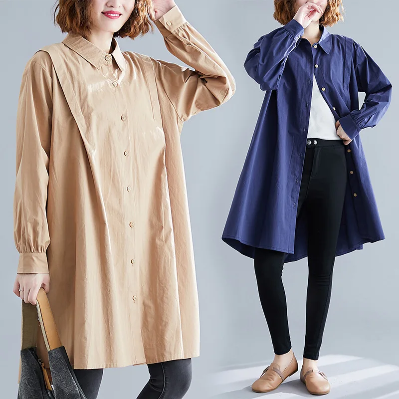 

2019 Autumn Clothing New Style Korean-style Literature And Art Solid Color Long-sleeved Shirt Fat Mm Slimming Comfortable Fold-d